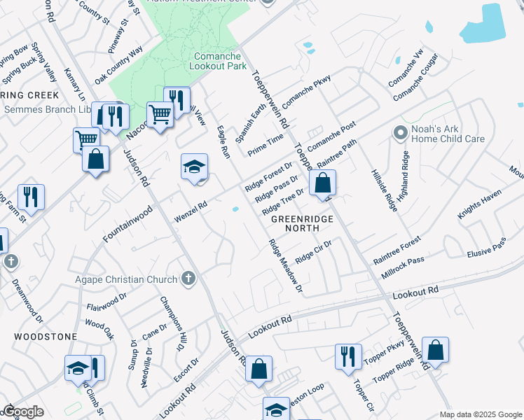 map of restaurants, bars, coffee shops, grocery stores, and more near 6307 Ridge Tree Drive in San Antonio