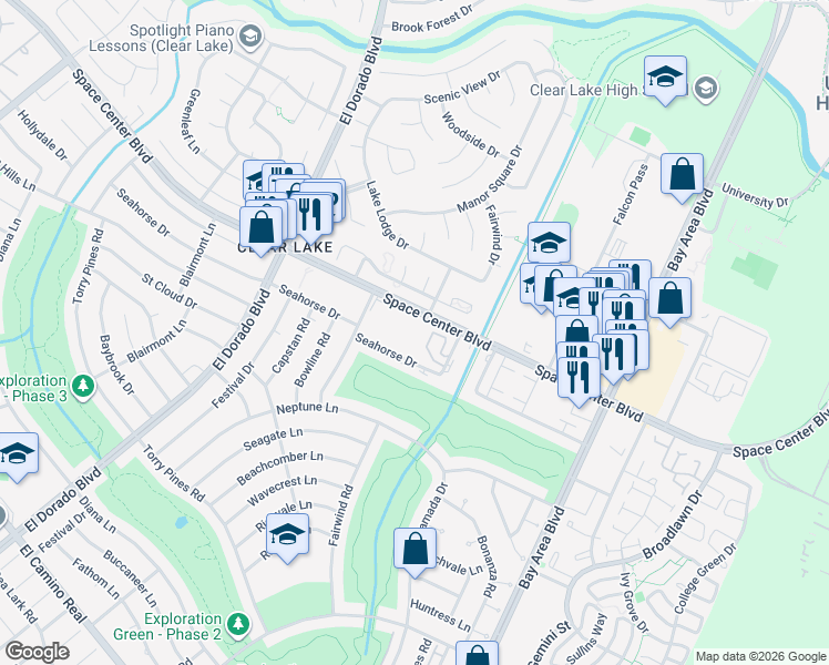 map of restaurants, bars, coffee shops, grocery stores, and more near 15900 Space Center Boulevard in Houston