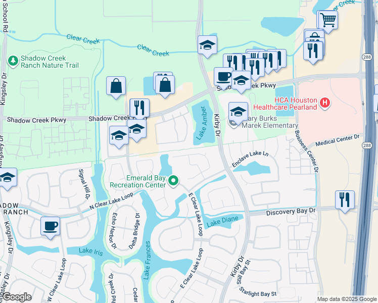 map of restaurants, bars, coffee shops, grocery stores, and more near 11709 Shoal Landing Street in Pearland
