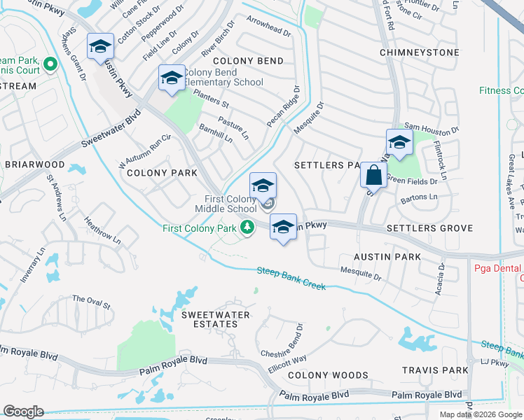map of restaurants, bars, coffee shops, grocery stores, and more near 3267-3325 Austin Pkwy in Sugar Land
