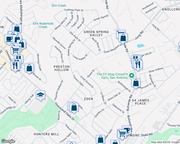 map of restaurants, bars, coffee shops, grocery stores, and more near 3240 Le Blanc Street in San Antonio