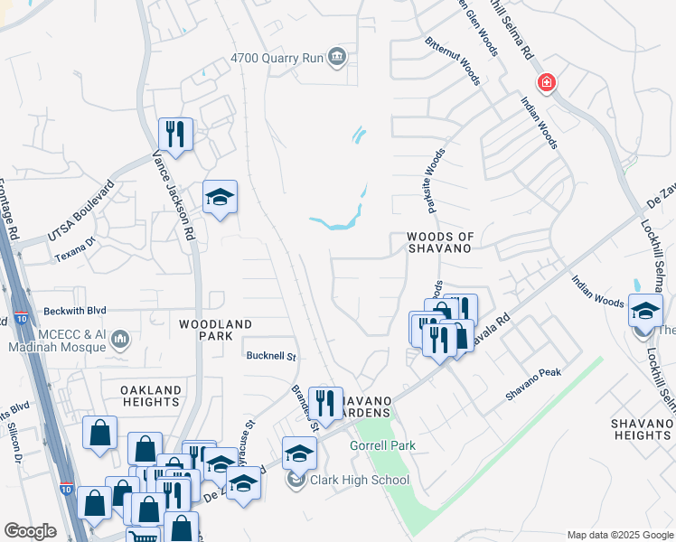 map of restaurants, bars, coffee shops, grocery stores, and more near 4714 Paradise Woods in San Antonio