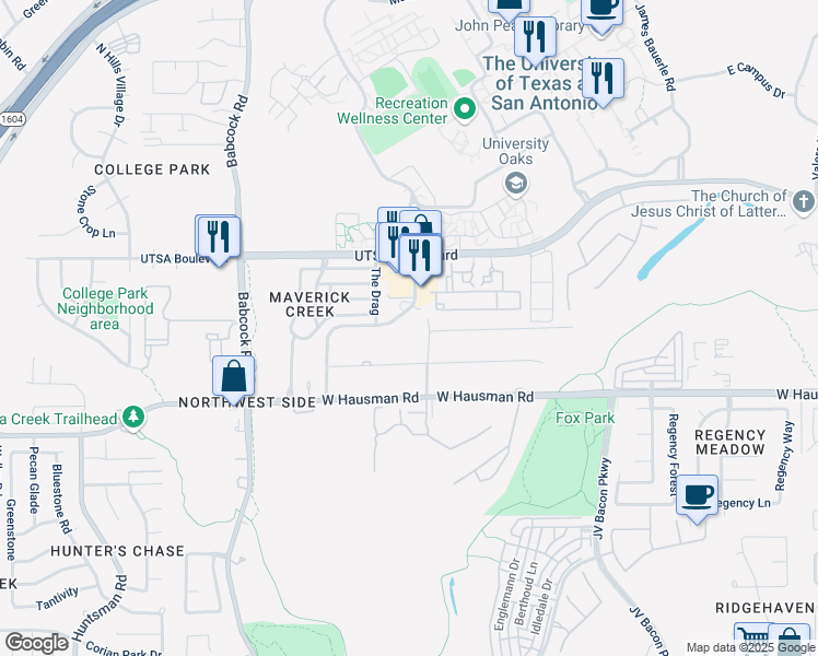 map of restaurants, bars, coffee shops, grocery stores, and more near 14500 Roadrunner Way in San Antonio