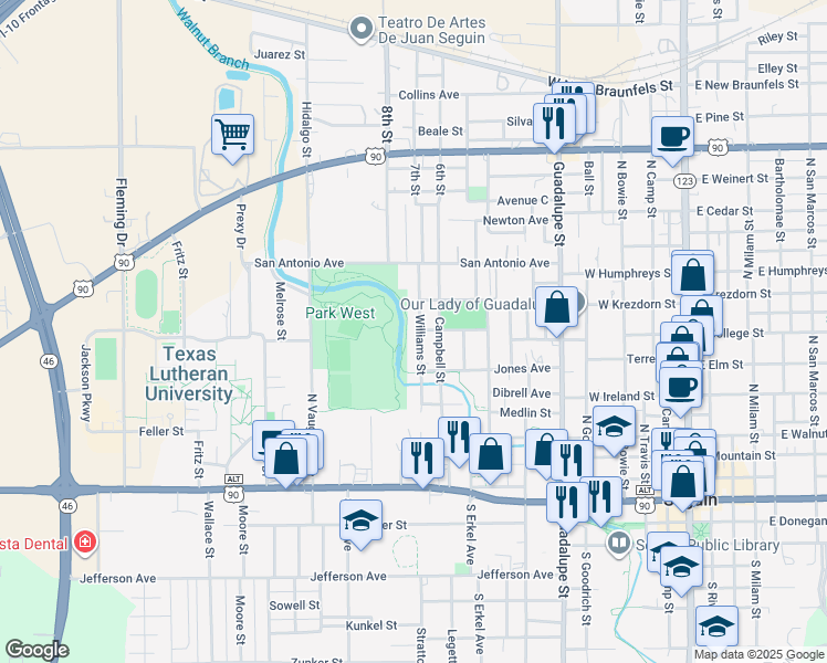 map of restaurants, bars, coffee shops, grocery stores, and more near 700 Williams Street in Seguin