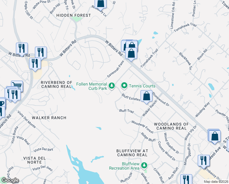 map of restaurants, bars, coffee shops, grocery stores, and more near 14010 Bluff Manor Drive in San Antonio