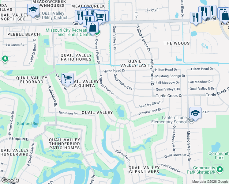 map of restaurants, bars, coffee shops, grocery stores, and more near 3114 Cypress Point Drive in Missouri City