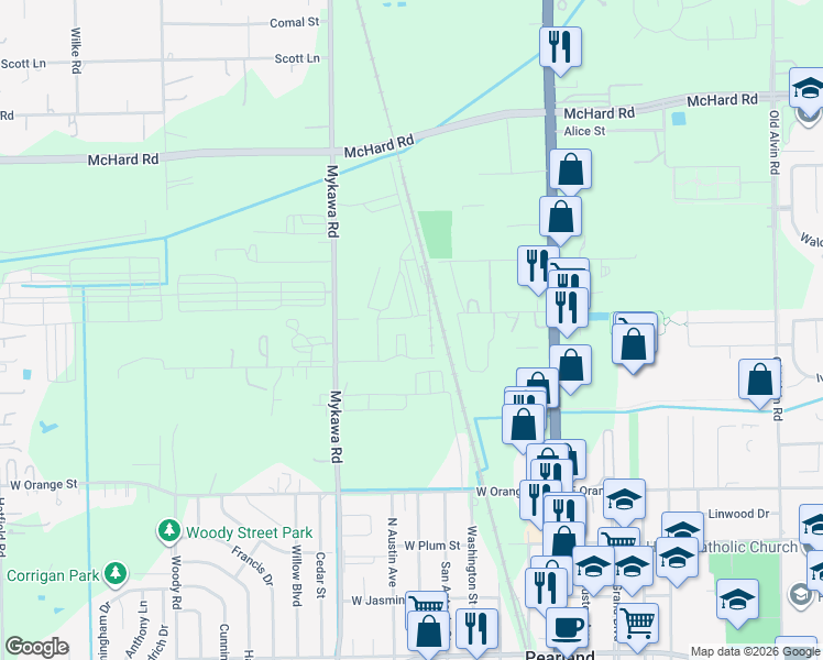 map of restaurants, bars, coffee shops, grocery stores, and more near 4701 Shank Road in Pearland