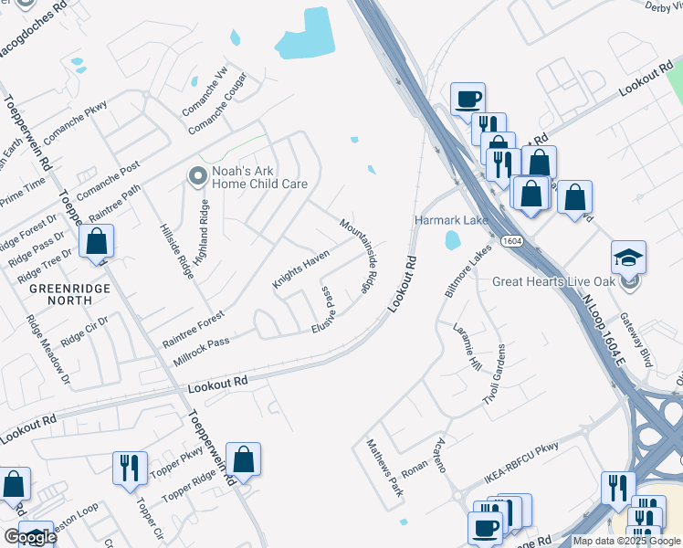 map of restaurants, bars, coffee shops, grocery stores, and more near 14423 Raptor Peak in San Antonio