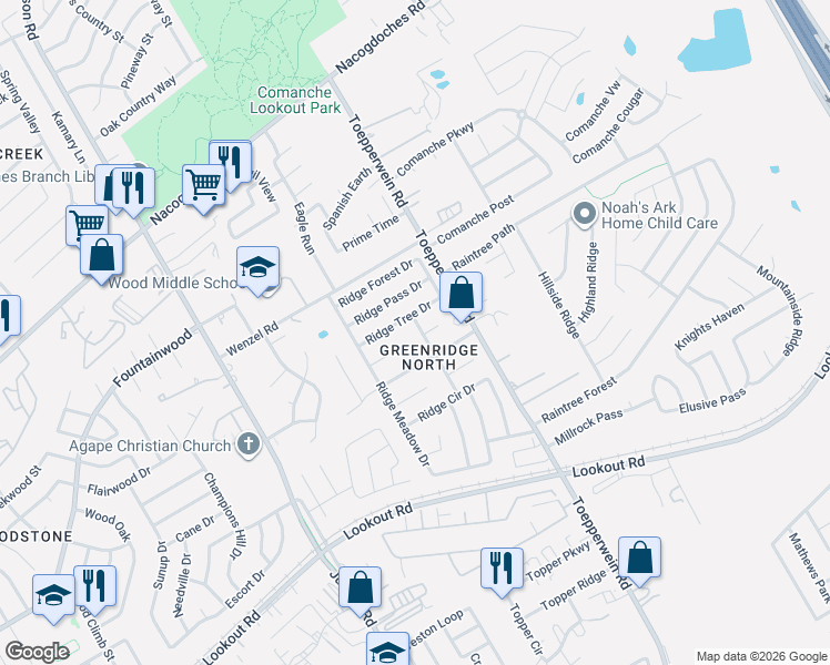 map of restaurants, bars, coffee shops, grocery stores, and more near 6322 Green Circle Drive in San Antonio