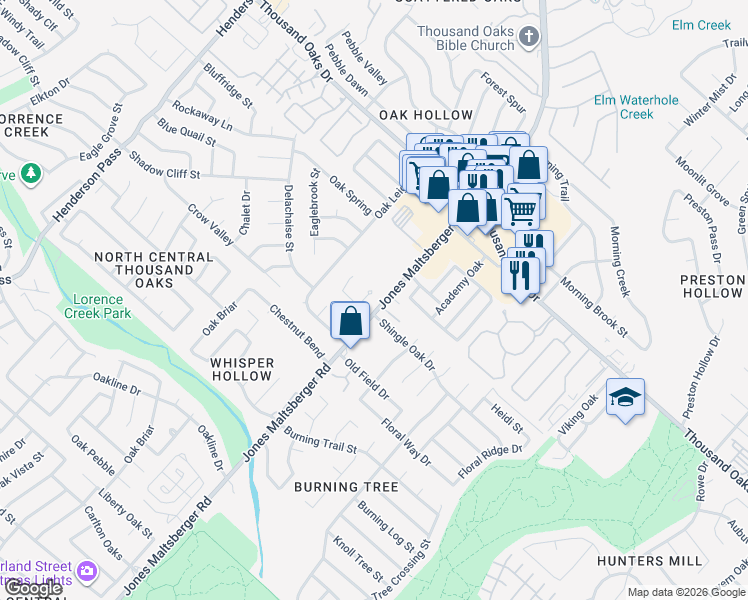 map of restaurants, bars, coffee shops, grocery stores, and more near 15226 Rompel Trail Drive in San Antonio