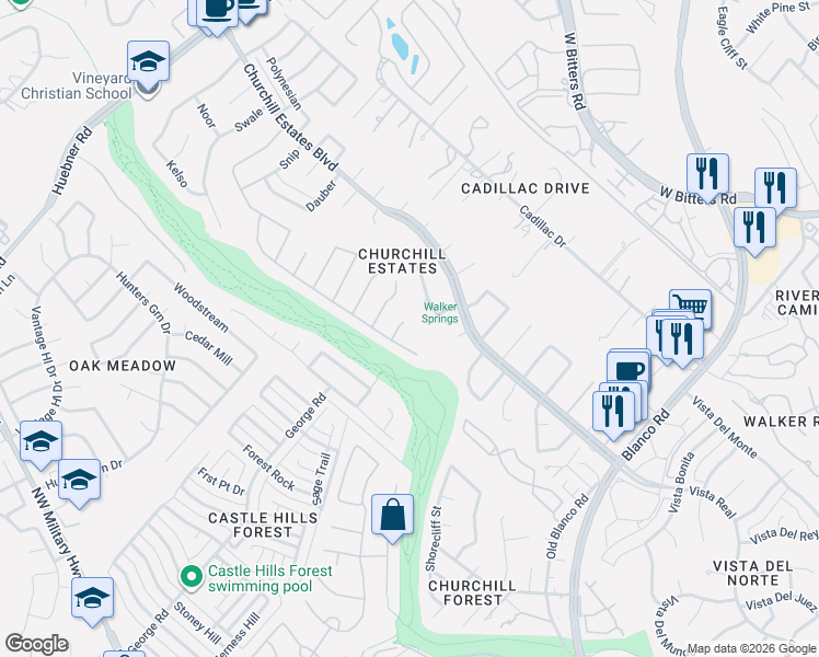 map of restaurants, bars, coffee shops, grocery stores, and more near 1906 Preakness Lane in San Antonio