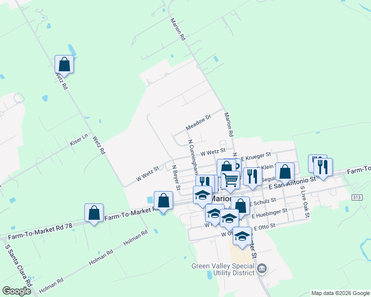 map of restaurants, bars, coffee shops, grocery stores, and more near 305 West Wetz Street in Marion