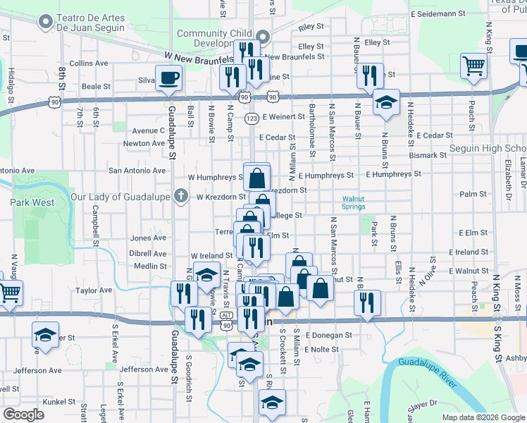 map of restaurants, bars, coffee shops, grocery stores, and more near 609 North River Street in Seguin