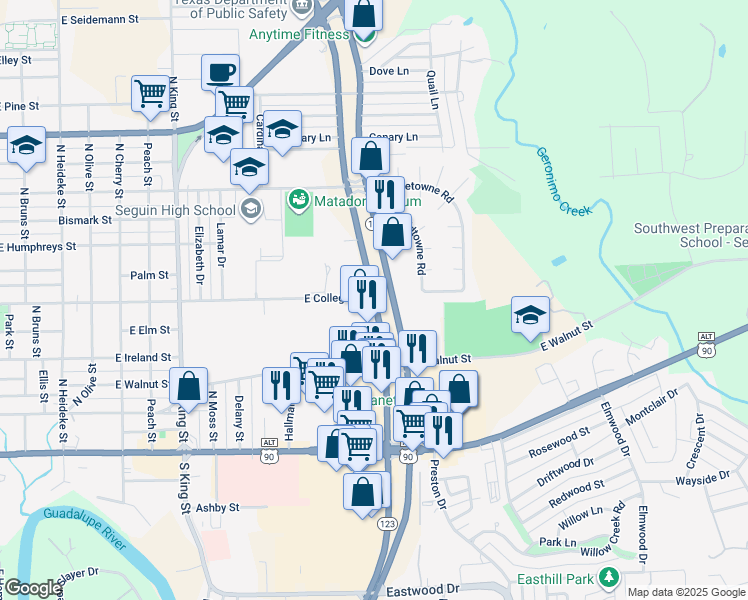 map of restaurants, bars, coffee shops, grocery stores, and more near 690 North Highway 123 Bypass in Seguin