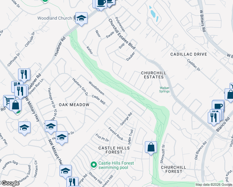 map of restaurants, bars, coffee shops, grocery stores, and more near 14032 Cedar Canyon in San Antonio