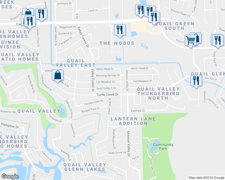 map of restaurants, bars, coffee shops, grocery stores, and more near 2023 Quail Valley East Drive in Missouri City