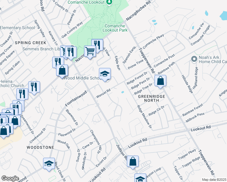 map of restaurants, bars, coffee shops, grocery stores, and more near 6321 Waddesdon Wood in San Antonio