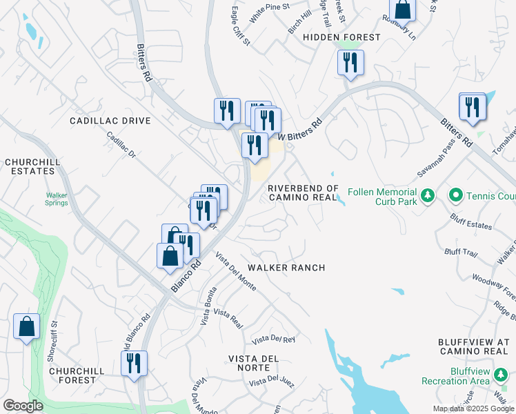map of restaurants, bars, coffee shops, grocery stores, and more near 14530 Blanco Road in San Antonio