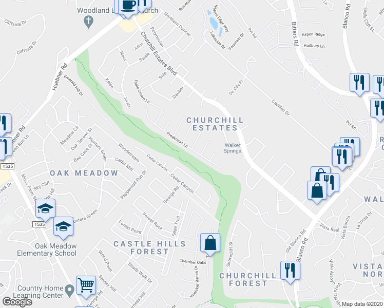 map of restaurants, bars, coffee shops, grocery stores, and more near 14203 Summer Squall in San Antonio