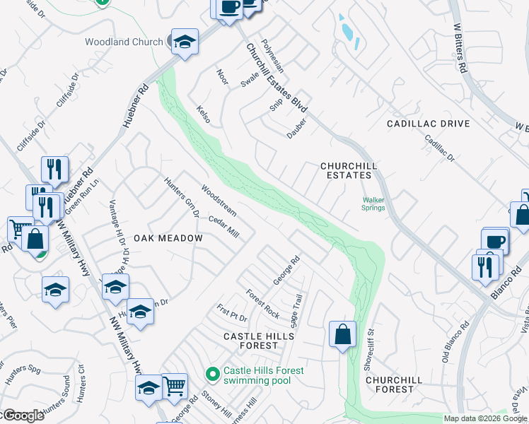 map of restaurants, bars, coffee shops, grocery stores, and more near 14032 Cedar Canyon in San Antonio