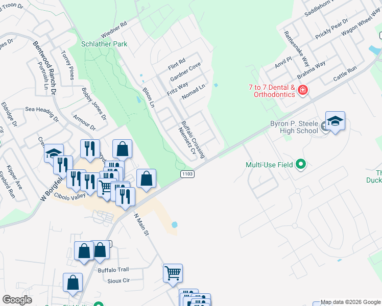 map of restaurants, bars, coffee shops, grocery stores, and more near 200 Grooms Road in Cibolo