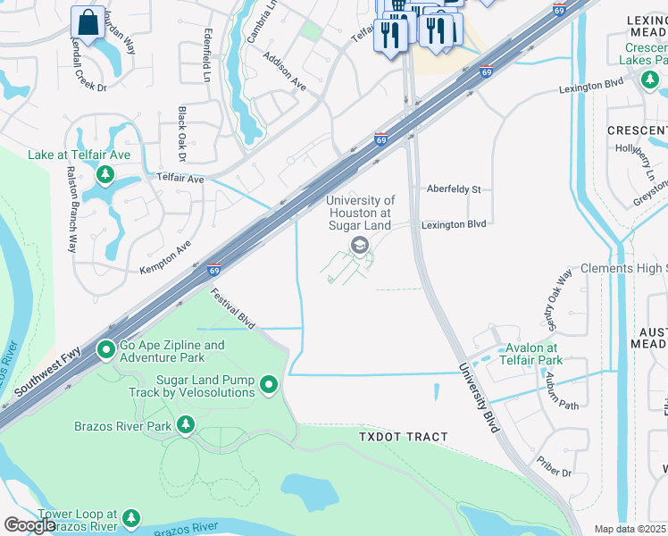 map of restaurants, bars, coffee shops, grocery stores, and more near 14004 University Boulevard in Sugar Land