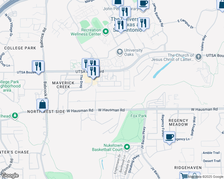 map of restaurants, bars, coffee shops, grocery stores, and more near 6811 Lendell Drive in San Antonio