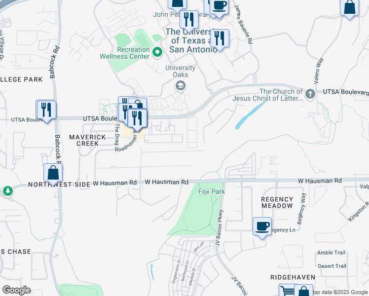map of restaurants, bars, coffee shops, grocery stores, and more near 6735 Lendell Drive in San Antonio