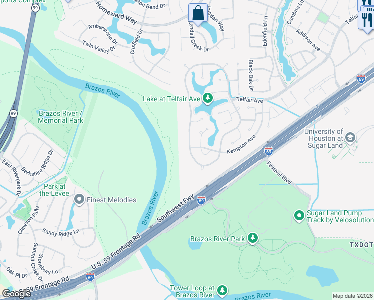 map of restaurants, bars, coffee shops, grocery stores, and more near 1510 Ralston Branch Way in Sugar Land