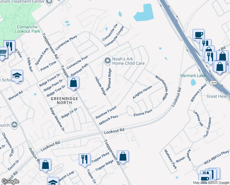 map of restaurants, bars, coffee shops, grocery stores, and more near 6818 Hillside Bluff in San Antonio