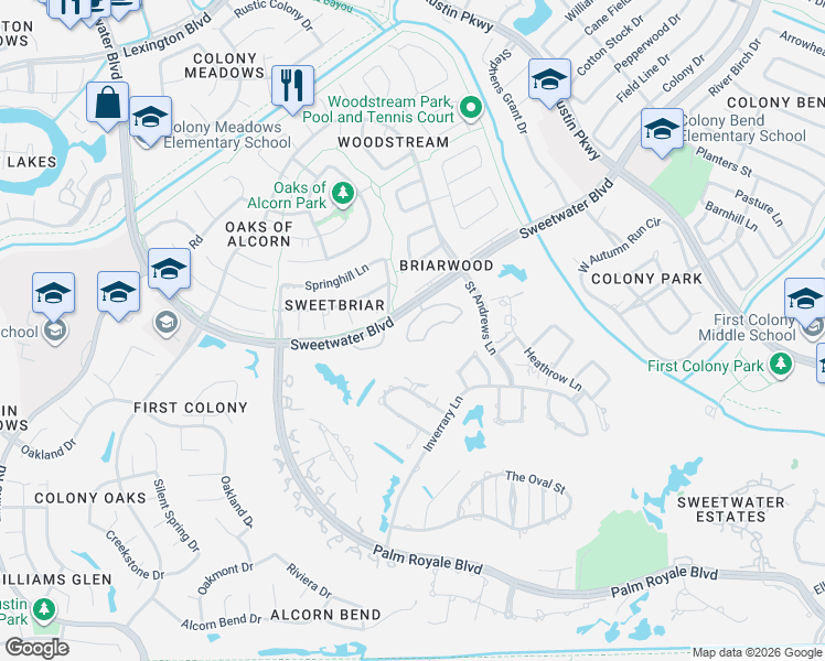 map of restaurants, bars, coffee shops, grocery stores, and more near 73 Ambleside Crescent Drive in Sugar Land