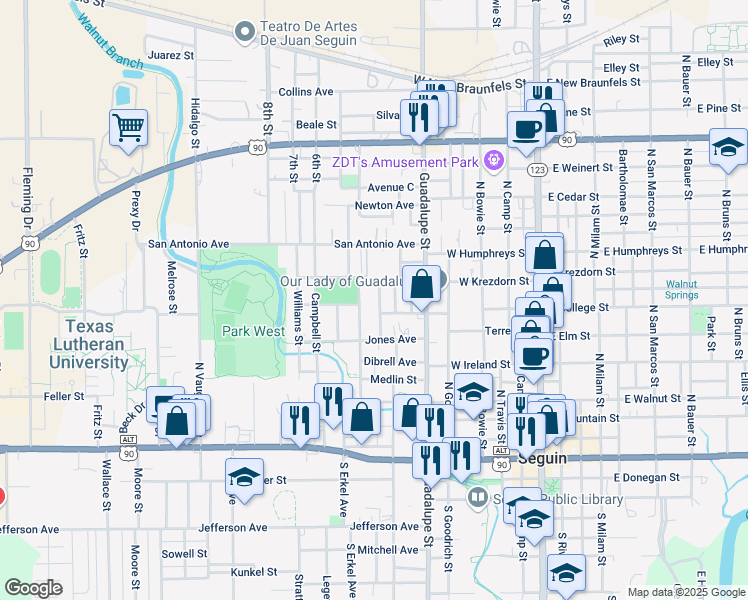 map of restaurants, bars, coffee shops, grocery stores, and more near 700 Cemetery Avenue in Seguin