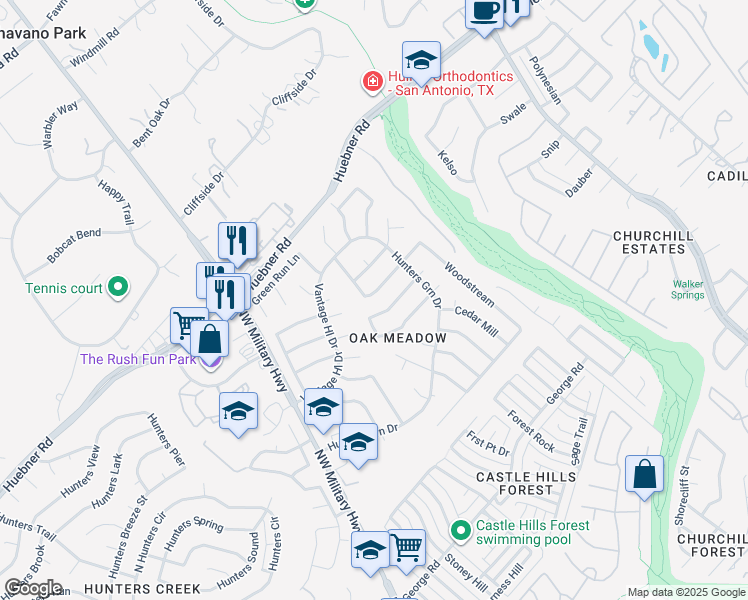 map of restaurants, bars, coffee shops, grocery stores, and more near 2902 Meadow Circle in San Antonio