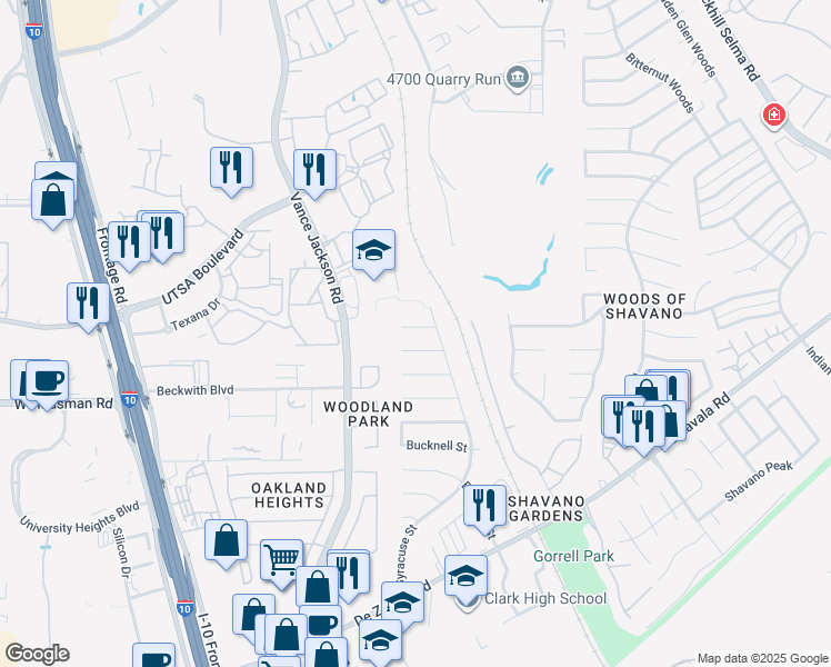 map of restaurants, bars, coffee shops, grocery stores, and more near 4911 Babson Street in San Antonio