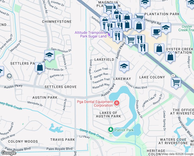 map of restaurants, bars, coffee shops, grocery stores, and more near 4511 Ranger Run in Sugar Land