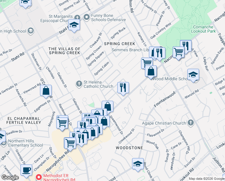 map of restaurants, bars, coffee shops, grocery stores, and more near 5722 Spring Night in San Antonio
