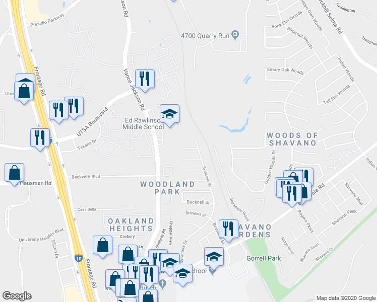 map of restaurants, bars, coffee shops, grocery stores, and more near 4911 Babson Street in San Antonio
