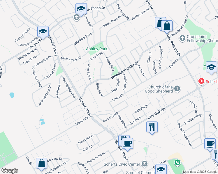 map of restaurants, bars, coffee shops, grocery stores, and more near 713 Wooded Trail in Schertz