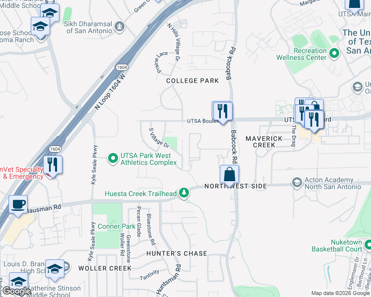map of restaurants, bars, coffee shops, grocery stores, and more near 13903 Babcock Road in San Antonio