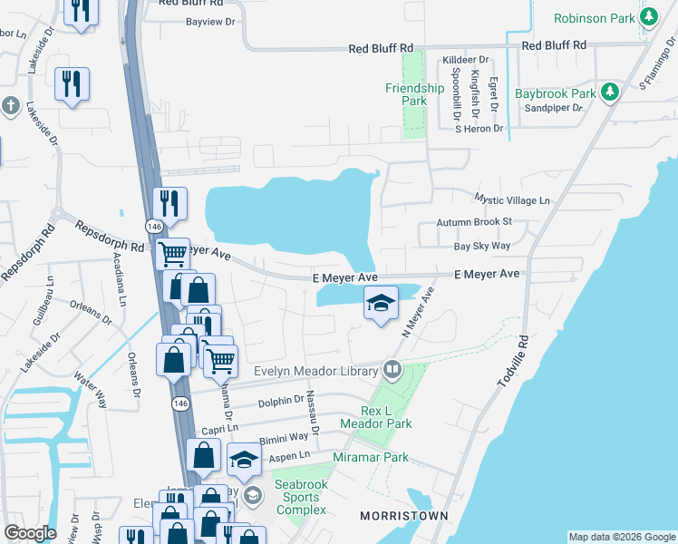 map of restaurants, bars, coffee shops, grocery stores, and more near 1400 Mija Lane in Seabrook