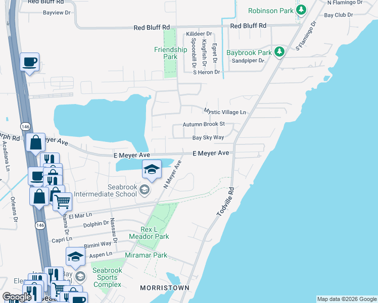 map of restaurants, bars, coffee shops, grocery stores, and more near 1114 Bay Sky Way in Seabrook