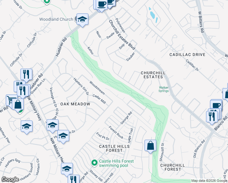 map of restaurants, bars, coffee shops, grocery stores, and more near 14032 Cedar Canyon in San Antonio