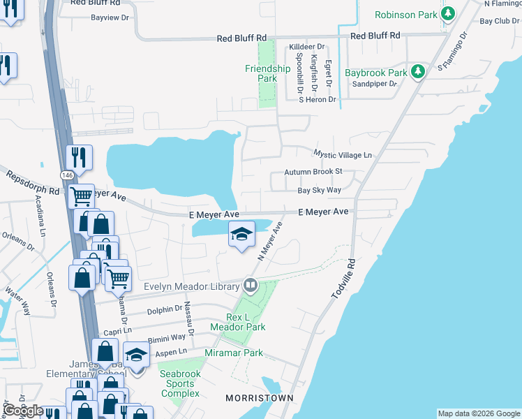 map of restaurants, bars, coffee shops, grocery stores, and more near 2400 North Meyer Road in Seabrook