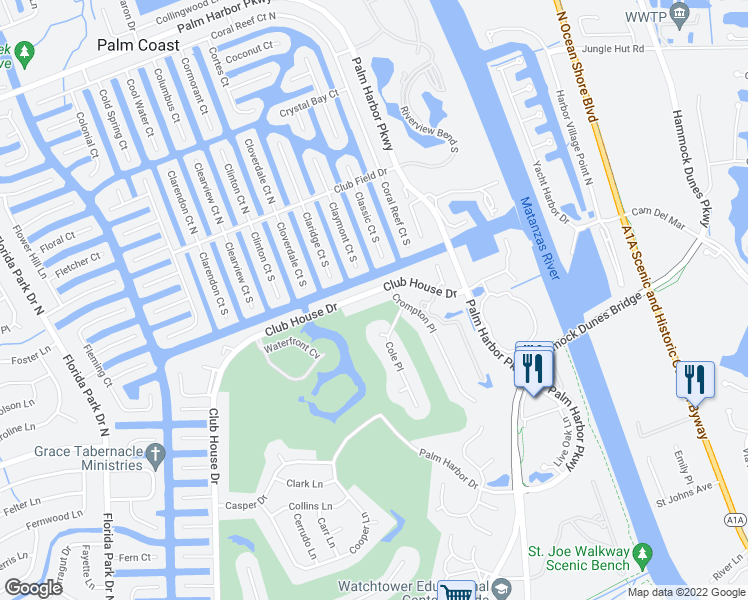 map of restaurants, bars, coffee shops, grocery stores, and more near 87 Clubhouse Drive in Palm Coast