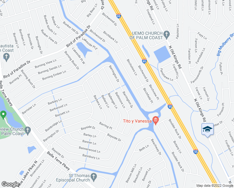 map of restaurants, bars, coffee shops, grocery stores, and more near 29 Baltimore Lane in Palm Coast