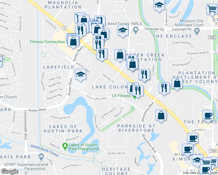 map of restaurants, bars, coffee shops, grocery stores, and more near 2827 Lake Colony Drive in Missouri City