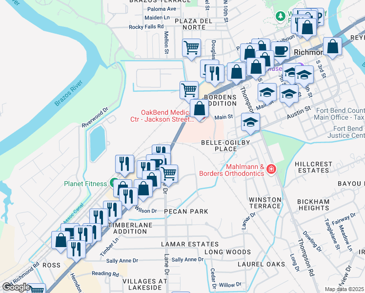map of restaurants, bars, coffee shops, grocery stores, and more near 2101 Austin Street in Richmond