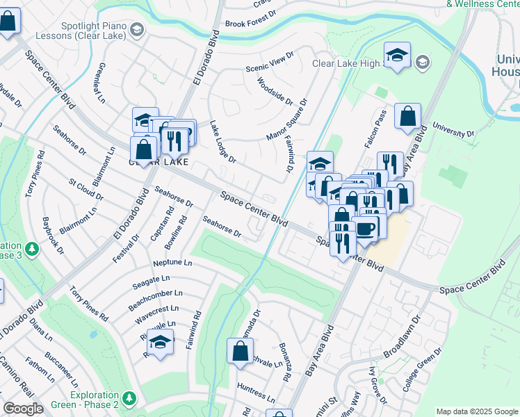 map of restaurants, bars, coffee shops, grocery stores, and more near 15911 Space Center Boulevard in Houston