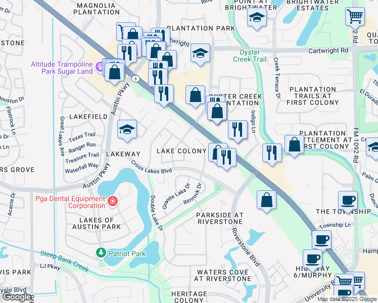 map of restaurants, bars, coffee shops, grocery stores, and more near 2803 Lake Colony Drive in Missouri City