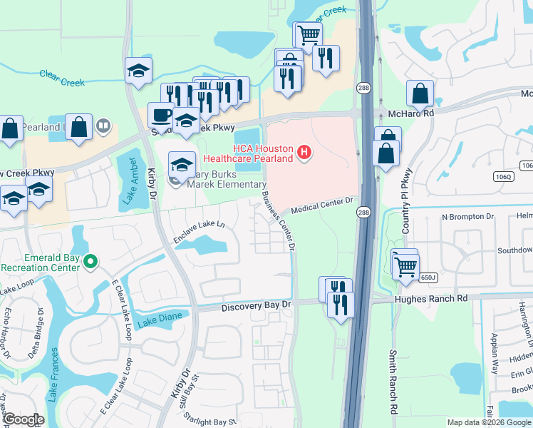 map of restaurants, bars, coffee shops, grocery stores, and more near 2020 Business Center Drive in Pearland